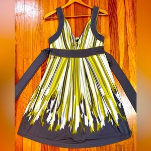 BCBG silk and rayon medium green sleeveless dress. Very Good condition.